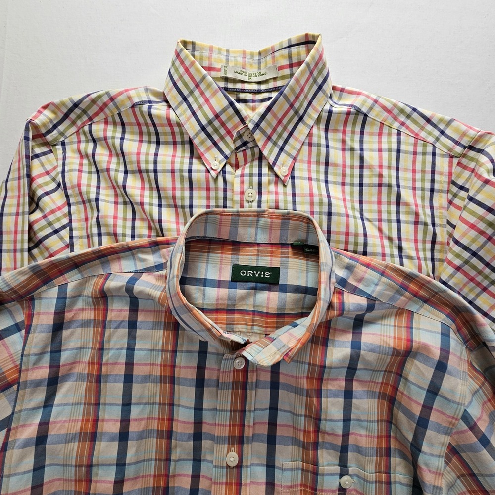 Lot of 2 Orvis Mens Plaid Tattersall Cotton Button Down Shirts Size Medium